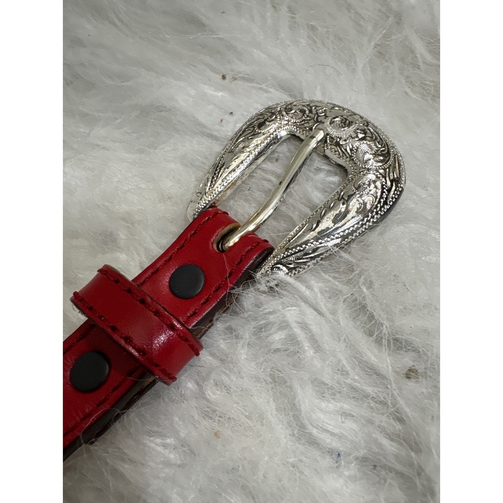 Silver Creek Classics Red Leather Western Belt Silver Floral Conchos Scalloped - Picture 6 of 10